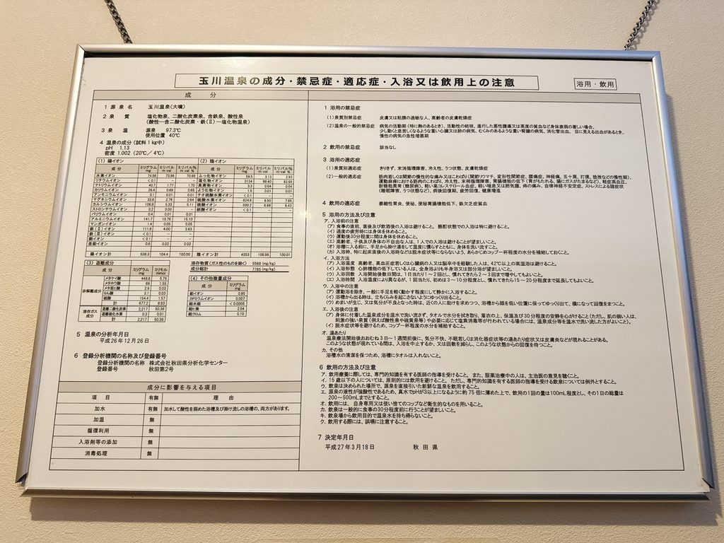 玉川温泉の温泉分析書（館内掲示）